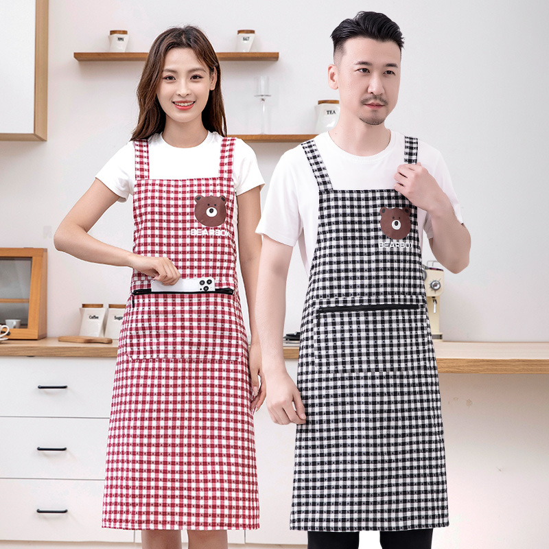 패션 격자 무늬 코튼 앞치마 주방 홈 요리 작업 2024 새로운 안티 파울링 통기성 남성과 여성의 스트랩 만화