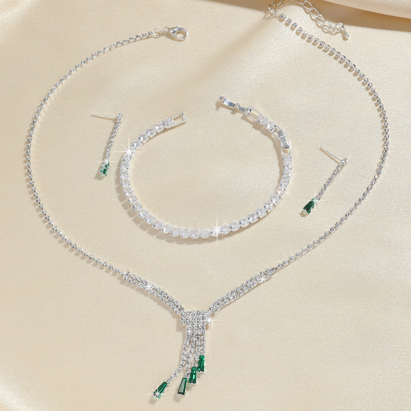 Conjunto de novia de tres piezas, collar, pendientes, cadena de estrás, joyería para banquetes_voghion.com
