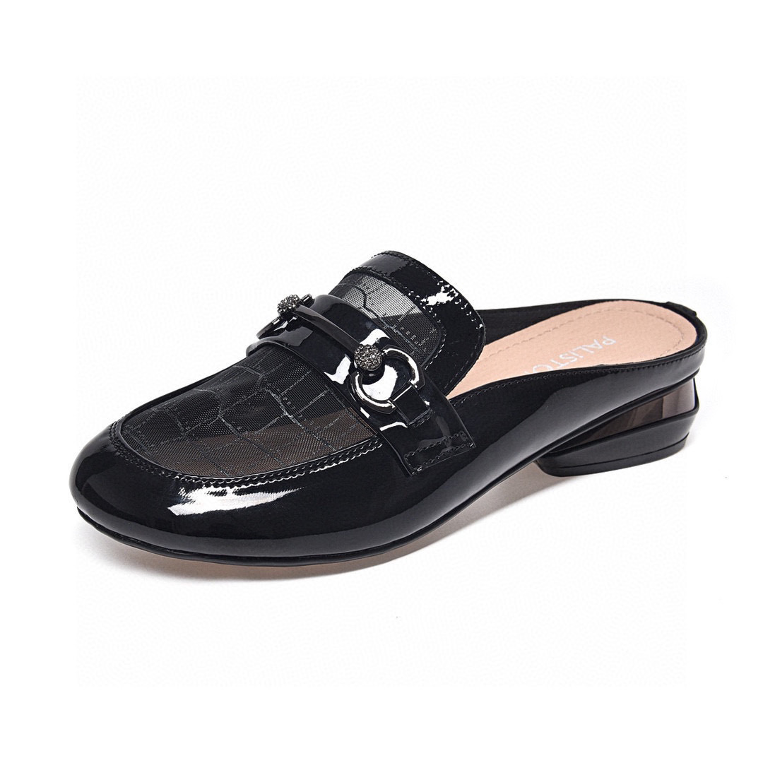 Dép sandal nữ mũi lưới da thật gót thấp 4.5 cm phong cách Anh — Đen--4.5CM