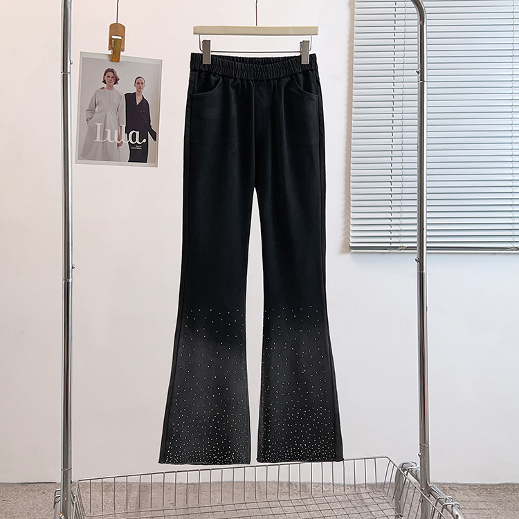 2026 Spring Slim Fit Casual Fashion Stylish Rhinestone Embellished Denim Flare Pants Plus Size Women's Clothing 150kg for Plus Size Women