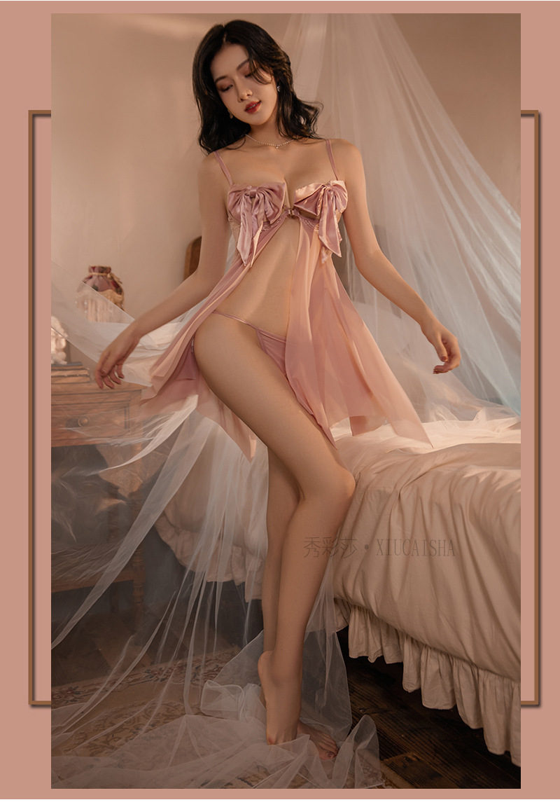 Pink Mesh Babydoll Nightdress Set with Robe and Halter Top, One Size — detail image 10