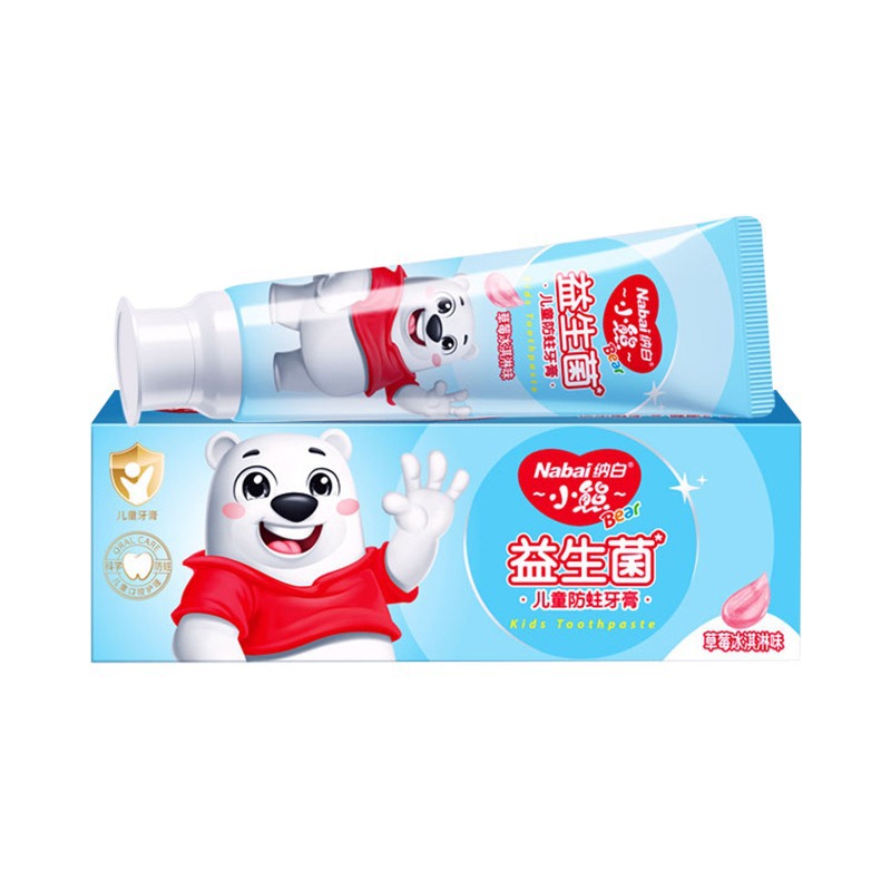Nabai Bear, pasta de dientes para niños, sabor a helado de fresa, probióticos, anti-cavitas, dientes fijos, aliento fresco, pasta de dientes con flúor.