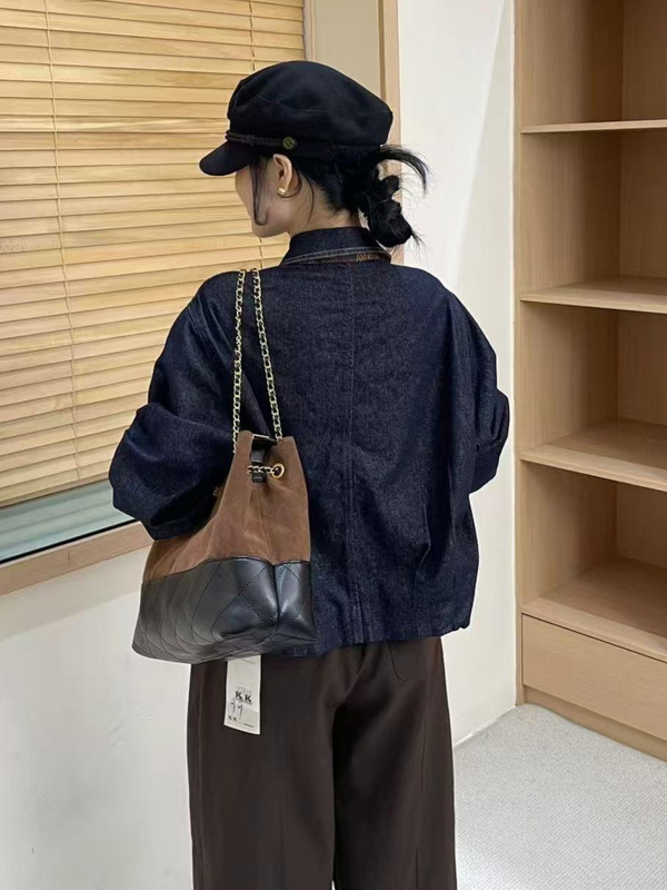 撞色格子压线牛仔短款外套女2025秋季新款小个子宽松显瘦夹克上衣|undefined