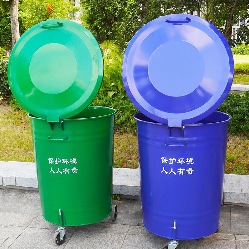 240Ll360 Liter Round Iron Barrel Large Outdoor Garbage Can Sanitation Trash Can Iron Trailer Barrel with Lid and Wheels