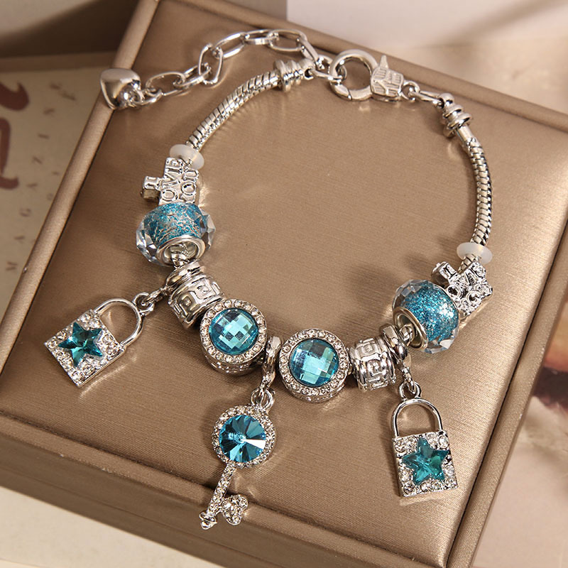 Forest Series Blue Glass Bead Bangle With Key Lock For Women_voghion.com