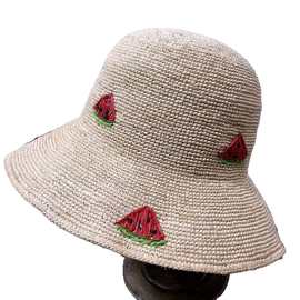 韩版西瓜刺绣拉菲草渔夫帽女手工编织防晒帽遮阳太阳帽可折叠草帽