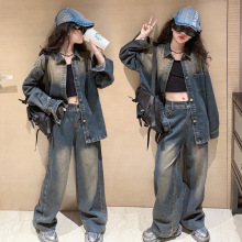 外贸女童秋款套装2025新款儿童做旧潮酷牛仔衬衫外套阔腿裤两件套