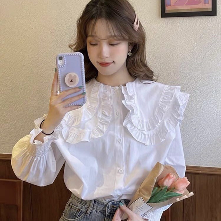 Vintage Doll Collar Shirt Ruffled Shirt Women's Spring and Autumn New Loose Outer Wear Long Sleeve Shirt All-match Top Vintage Doll Collar Shirt Ruffled Shirt Women's Spring and Autumn New Loose Outer Wear Long Sleeve Shirt All-match Top