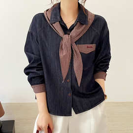 日韩格纹披肩牛仔衬衫简约韩系时尚翻领单排扣百搭宽松休闲上衣女