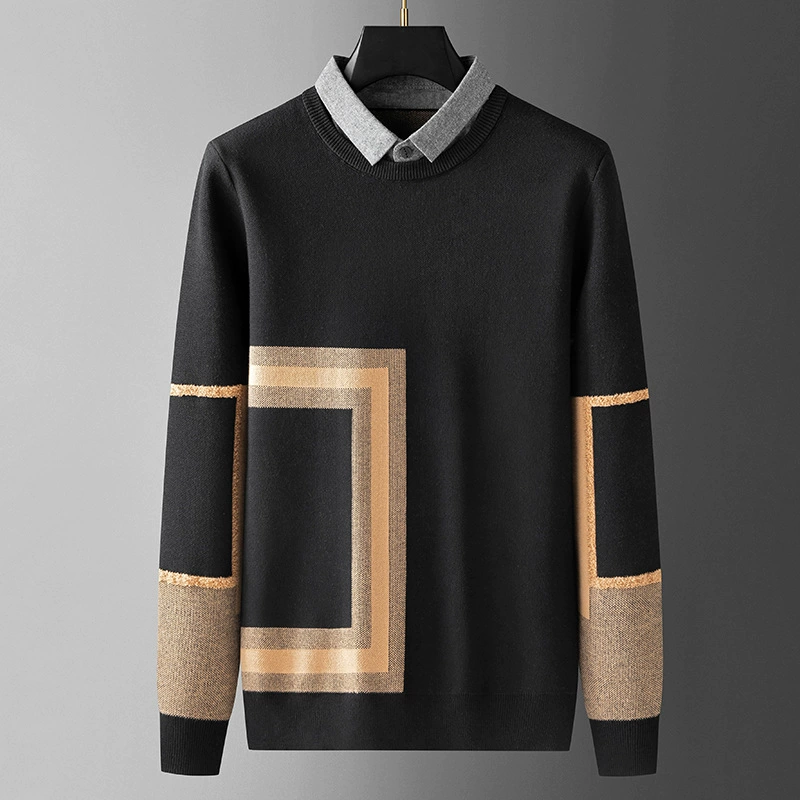 Осенне-зимний искусственный свитер из двух частей, мужской утолщенный модный ведущий свитер в Корейском стиле, вязаная нижняя рубашка с воротником рубашки оптом