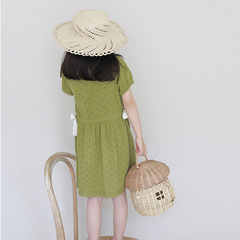 女童短袖薄連衣裙兒童牛油果綠鏤空針織裙夏季寶寶田園花邊連身裙