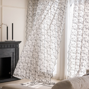 French Retro Black Non-perforated Embroidery Floating Window Floor-to-ceiling Window Small Window Living Room Bedroom Black and White Curtain Gauze Curtain