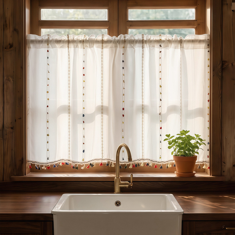 Amazon Cross-Border Rainbow Bean Multicolor Lace Window Curtain with Rod and Pleats, Blackout Curtain for Study Room, Short Curtain for Kitchen, in Stock