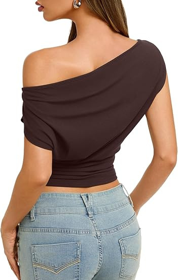 Women's Sexy Off Shoulder Asymmetrical Slim Fit Short Sleeve Top – Side Slash Neck Summer Tee_ecoleips.com
