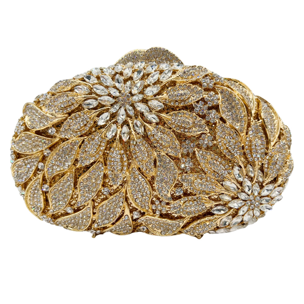Bolsa de embrague hoja de flores de diamantes bolsas de banquete bolsas de mano de mujer bolsas de diamante metal hueco caja dura