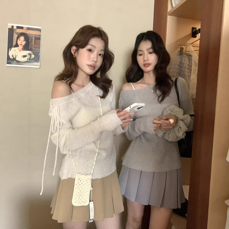 Clearance Sale, No Returns or Exchanges: Lemon Green Tea Korean-Style Chic Girl Design, Lace-Up Ribbed Slim-Fit Slimming Knit Sweater