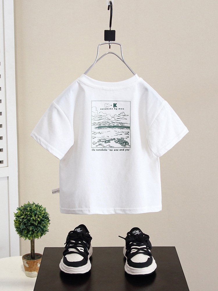 7843 Camiseta de manga corta para niño, conjunto de verano para niño, camiseta infantil estilo 2026, camiseta base blanca para bebé.