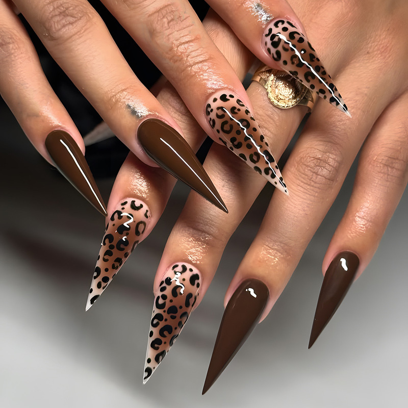 Maillard Leopard Print Detachable Fake Nails High-End Foreign Trade Manicure Wearable Nails Wholesale Long Tip 24 Pieces Wholesale