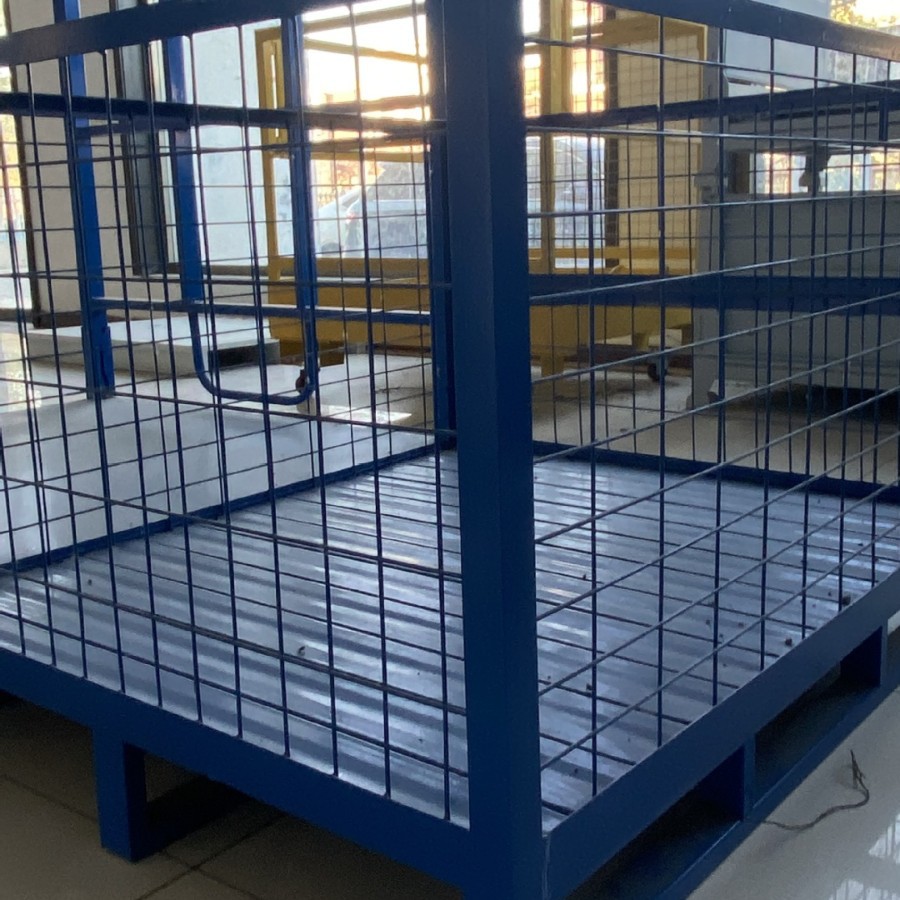 厂家供应折叠式金属仓储笼 蓝色网格周转笼仓库货物重型仓储笼