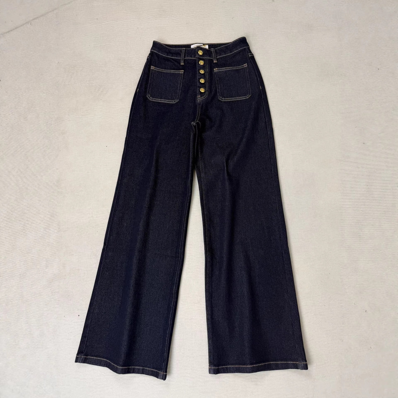 Women's Foreign Trade Ref Deep Blue High-Waisted Button-Decorated Cotton Comfortable Slimming Nanyou Style Straight-Leg Denim Pants Women's Foreign Trade Ref Deep Blue High-Waisted Button-Decorated Cotton Comfortable Slimming Nanyou Style Straight-Leg Denim Pants