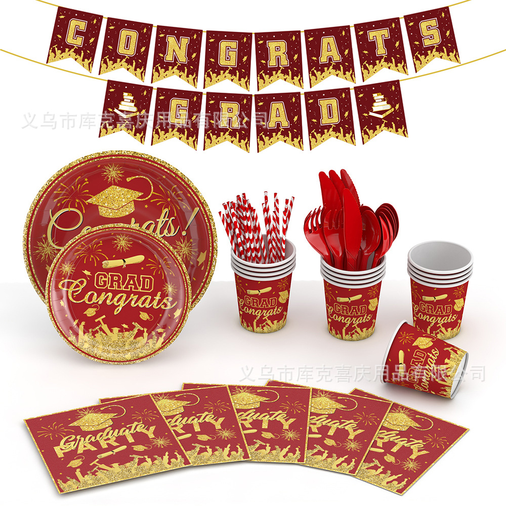 Amazon nuevo oro rojo graduación temporada tema Fiesta decoración plato de papel desechable taza de papel tire bandera decoración traje