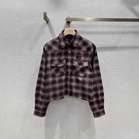 南油高端女装2025秋冬新品撞色拼接红格纹翻领羊毛衬衫女高级感