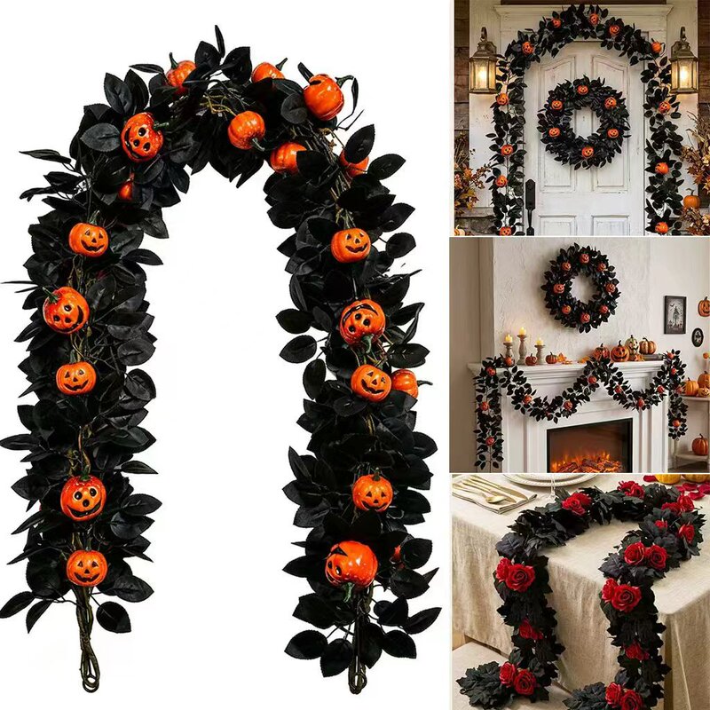 Halloween Pumpkin Garland, Thanksgiving Outdoor Party Decoration, Artificial Black Rose Maple Leaf Garland