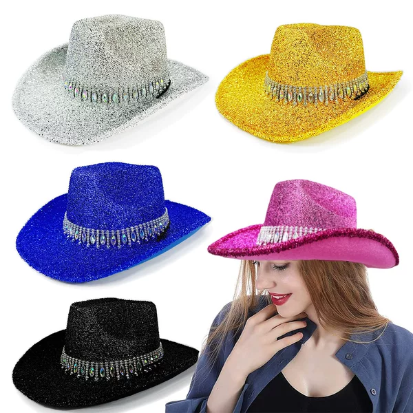 In-Stock New Feather Silk Water Drop Diamond Trim Ultra-Shiny Western Cowboy Hat Halloween Carnival Party Colorful Hat