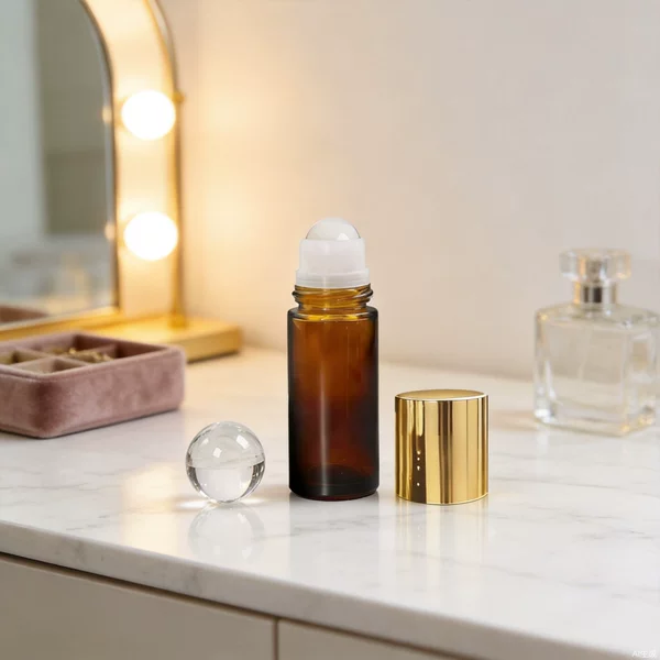 Cross-Border In-Stock 50ml Amber Essential Oil Bottle Empty Bottle Quartz Stone Pink Roller Ball Glass Bottle Empty Glass Bottle
