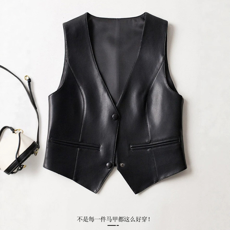 Leather Vest for Women 2026 Spring and Autumn New Style Sheepskin V-Neck Retro Leather Outerwear Sleeveless Vest Leather Vest for Women 2026 Spring and Autumn New Style Sheepskin V-Neck Retro Leather Outerwear Sleeveless Vest
