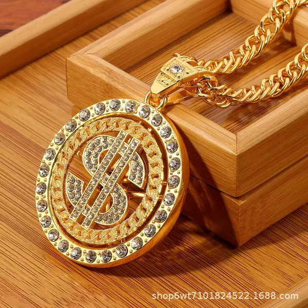 Exaggerated Hip-Hop Dollar Sign Necklace, Trendy Personalized Large Pendant with Diamonds, Metal Jewelry Accessories Wholesale Necklace