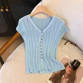 批发日韩版百搭显瘦镂空纯色女小飞短袖系扣上衣坑条针织开衫上衣