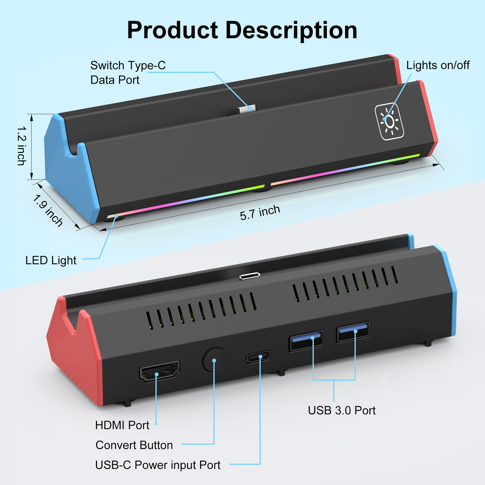 Base de Conexión Portátil con Conversión de Video HDMI para Switch 2, Compatible con Proyección de Pantalla y Luces de Colores
