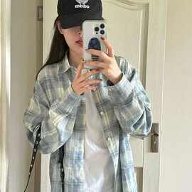 【专供东南亚】依芙迷法式蓝色格子设计感小众长袖衬衫女宽松情侣