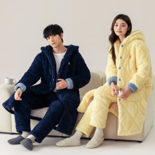 冬季三层夹棉情侣袍套睡衣套装开衫连帽加厚保暖可外穿棉袄家居服