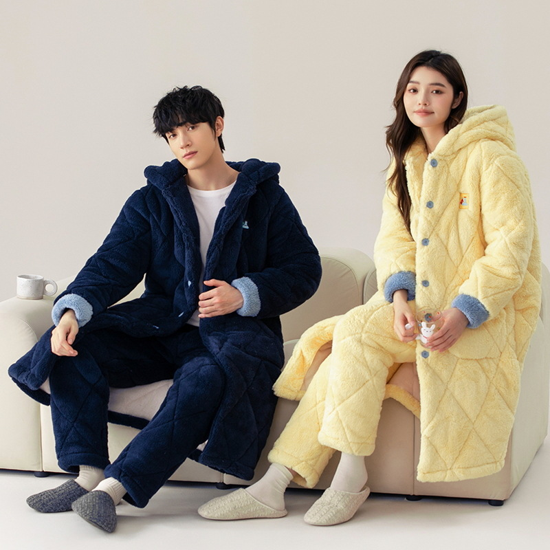 冬季三层夹棉情侣袍套睡衣套装开衫连帽加厚保暖可外穿棉袄家居服