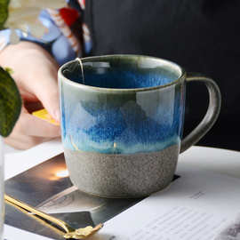 跨境专供陶瓷窑变马克杯 居家办公室水杯蓝釉复古单耳防烫水杯子