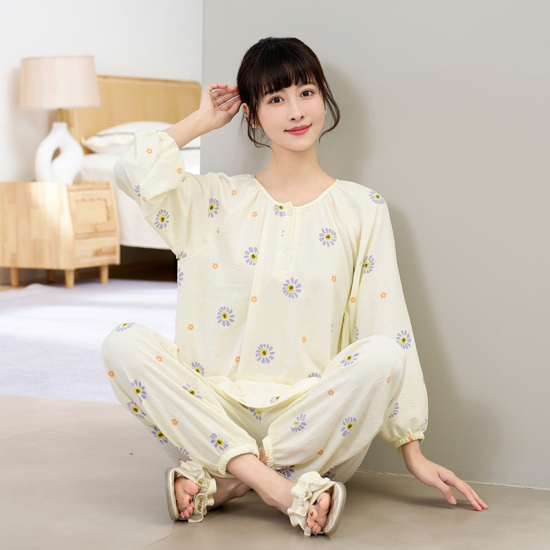 春秋季新款棉绸睡衣女棉绸纽扣长袖套装韩版时尚云朵棉薄款家居服|undefined
