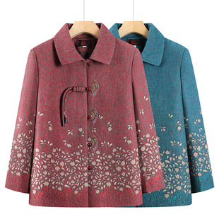 Spring New Mother Top Old Lady Lapel Coat Spring and Autumn Long Sleeve Old People Grandma Floral Coat for Women