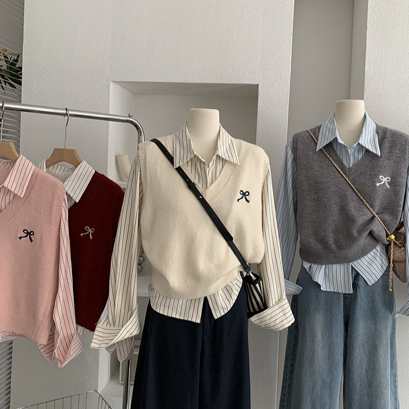 欧玛莱 翻领竖条纹长袖衬衫叠搭V领刺绣蝴蝶结针织马甲两件套4724