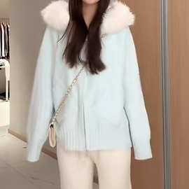 双拉链毛领连帽针织女显瘦2025秋冬季毛衣外套