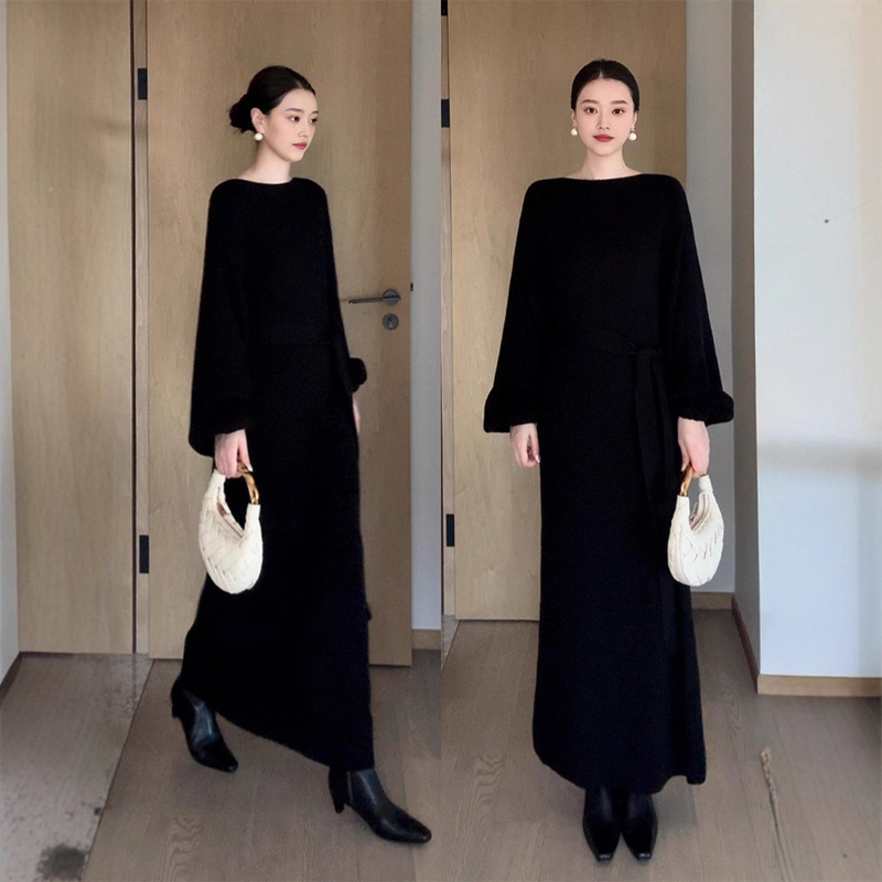 Little Black Dress to Attend Important Occasions. Stunning Early Autumn Hepburn Style Black Waist-Cinching Long-Sleeved Dress Little Black Dress to Attend Important Occasions. Stunning Early Autumn Hepburn Style Black Waist-Cinching Long-Sleeved Dress