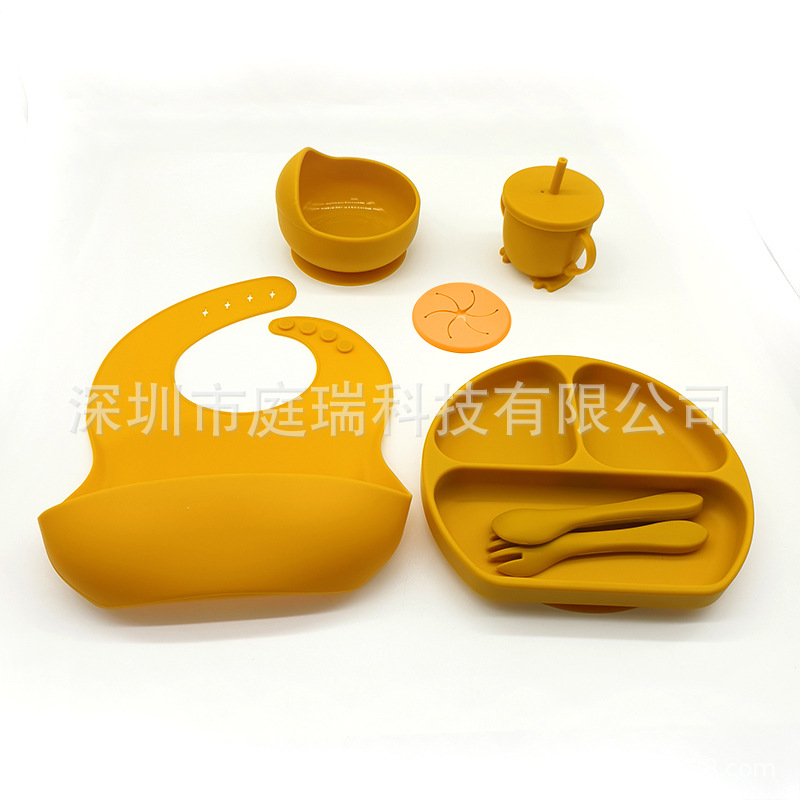 Complemento alimenticio transfronterizo para niños, plato de silicona, plato de suplemento alimenticio para bebés, plato de comida sonriente de seis piezas, vajilla para alimentación maternoinfantil al por mayor