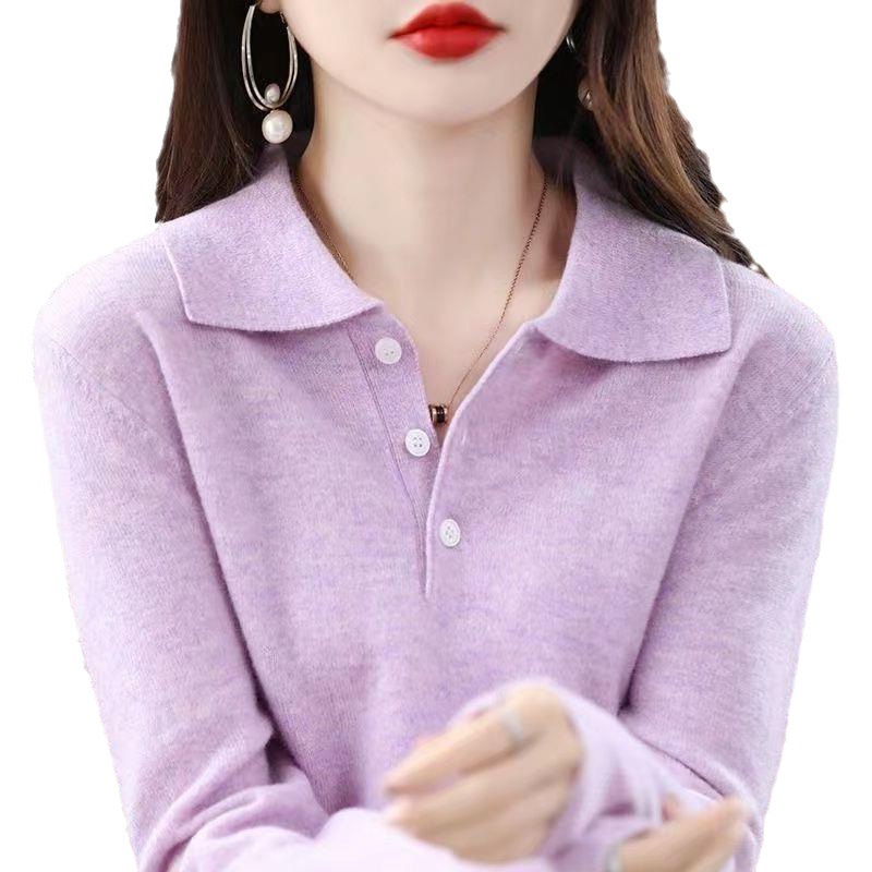 【 Cashmere Family】 Maglione corto in lana con collo polo, stile femminile, con strato interno lavorato a maglia, autunno/inverno_voghion.com