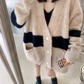 8934#慵懒风宽松马海毛毛衣开衫外套女秋冬宽松外穿2021年新款