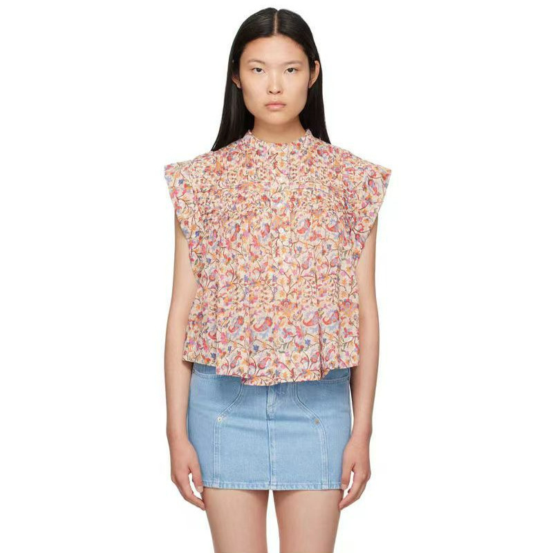 2024 Spring/Summer French-Style Niche Pure Cotton Is Romantic Print Wide-Sleeve Round-Neck Pleated Shirt