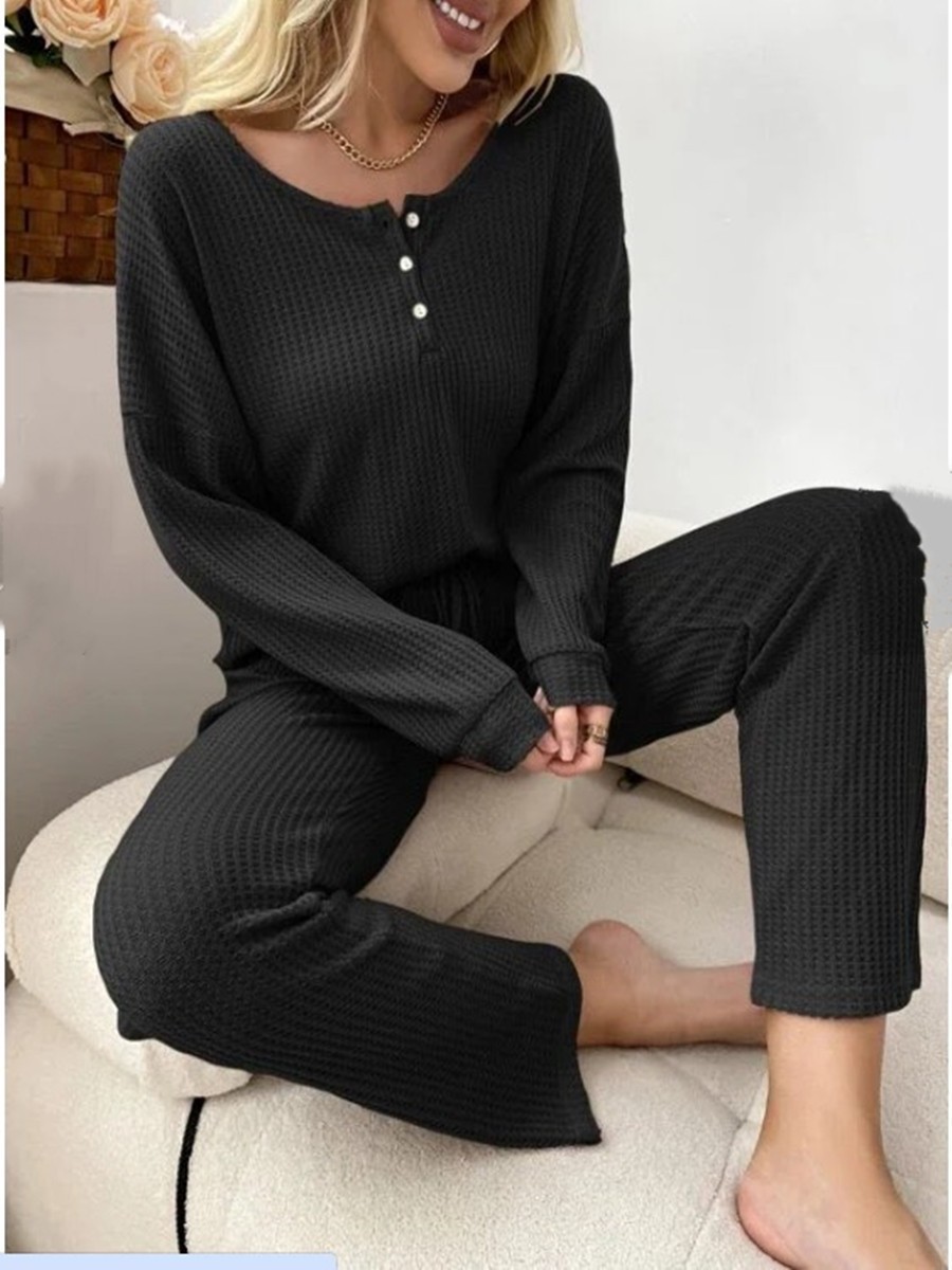 Conjunto de Ropa para Casa de Tejido Waffle para Mujer de Poliéster, Con Cordón, para Otoño image 7