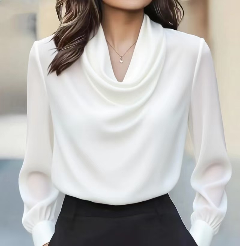 Elegant Drape Neck Long Sleeve Blouse - Autumn Fashion Pure Color Minimalist Shirt For Women, Office & Casual Wear (Black/White/Wine/Coffee, S-XXL)​_ecoleips.com