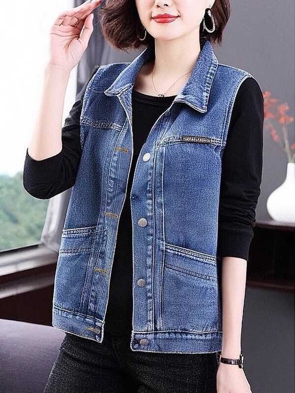 Spring and Autumn New Denim Vest Women's Large Size Korean Style Loose Sleeveless Waistcoat Large Pocket Casual Easiest for Match Jacket Vest