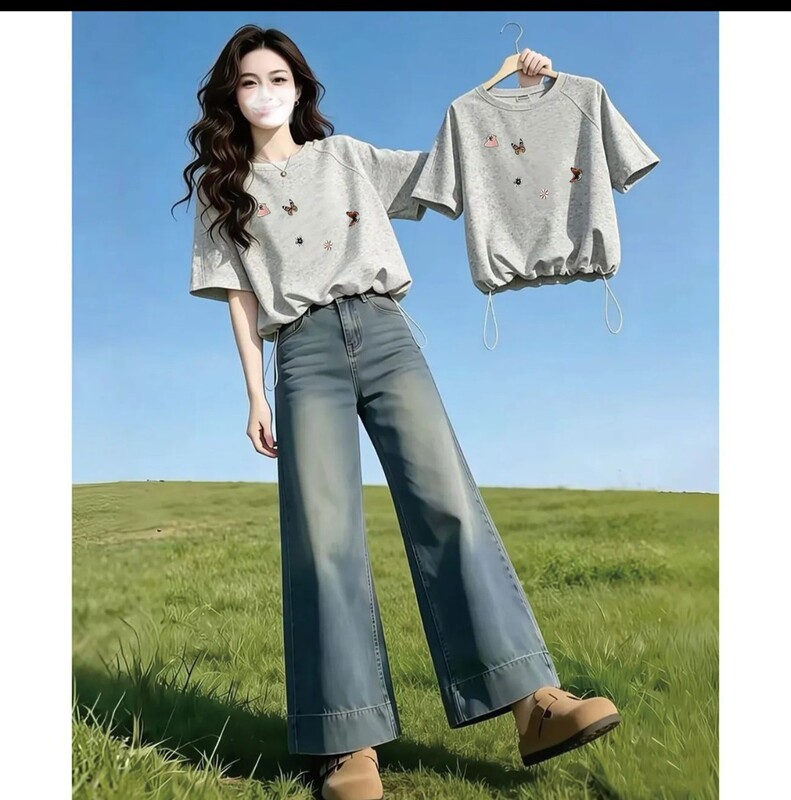 Gentle Short-Sleeved T-Shirt, Versatile Denim Wide-Leg Pants, Slimming Minimalist Style Gray Top